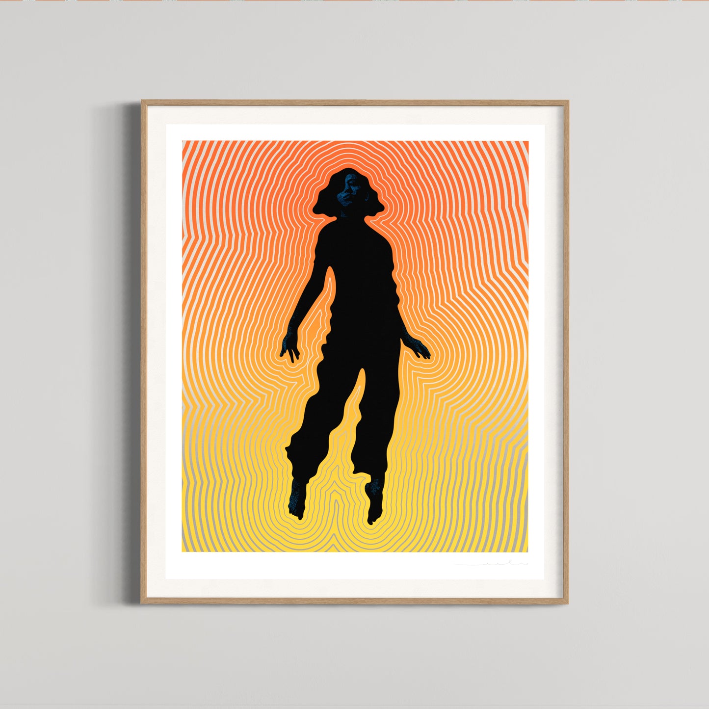 Limited edition print by UK artist Eelus titled 'Ascension', depicting a floating monochrome woman surrounded by colourful vibrational energy.