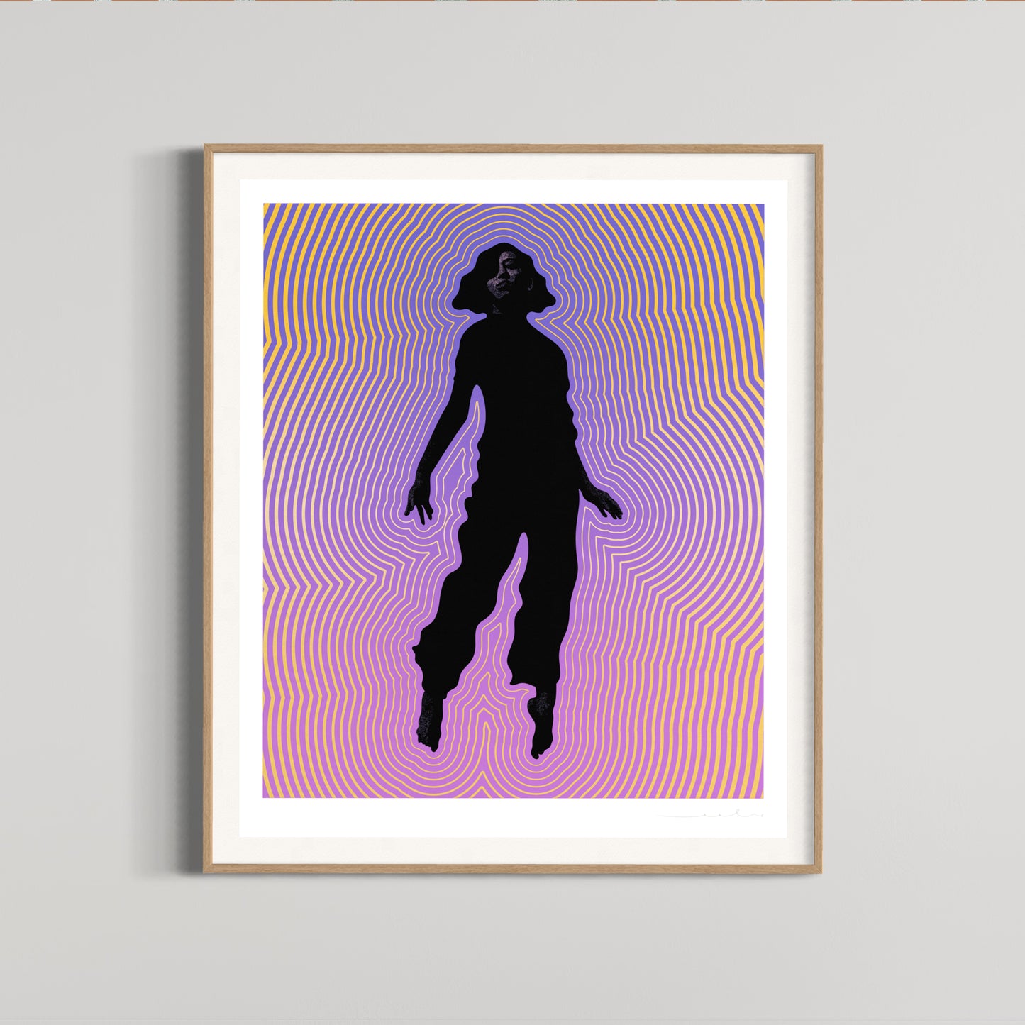 Limited edition print by UK artist Eelus titled 'Ascension', depicting a floating monochrome woman surrounded by colourful vibrational energy.