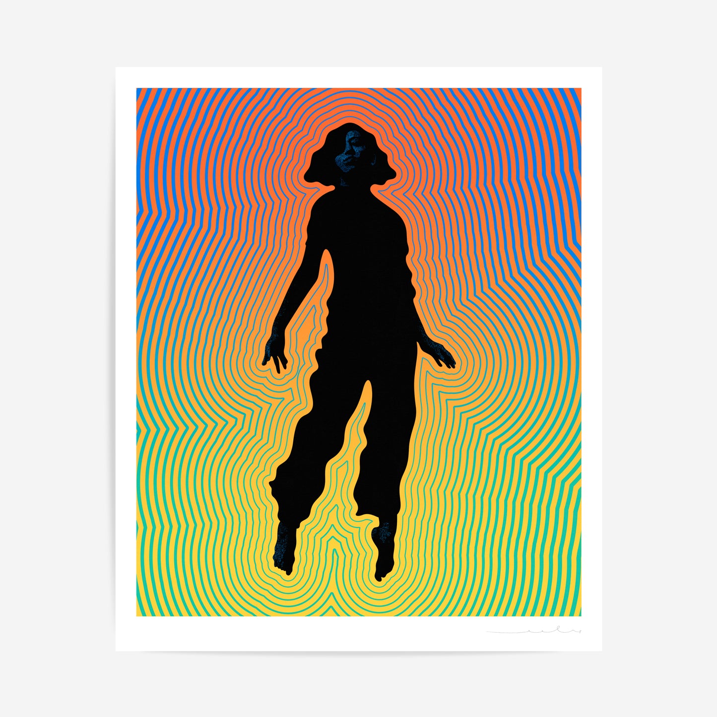 Limited edition print by UK artist Eelus titled 'Ascension', depicting a floating monochrome woman surrounded by colourful vibrational energy.