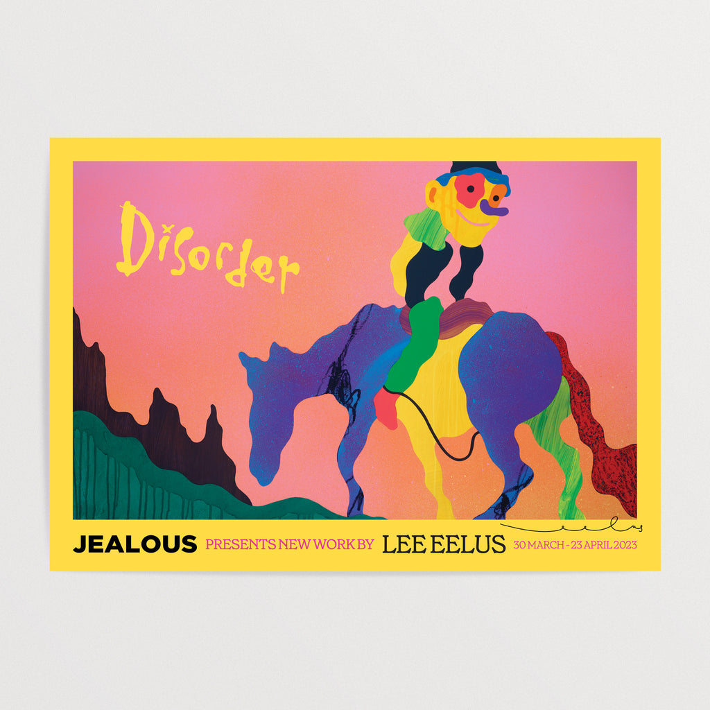 'Disorder' exhibition poster by UK artist Lee Eelus for his solo show 'Disorder' at Jealous Gallery, London.
