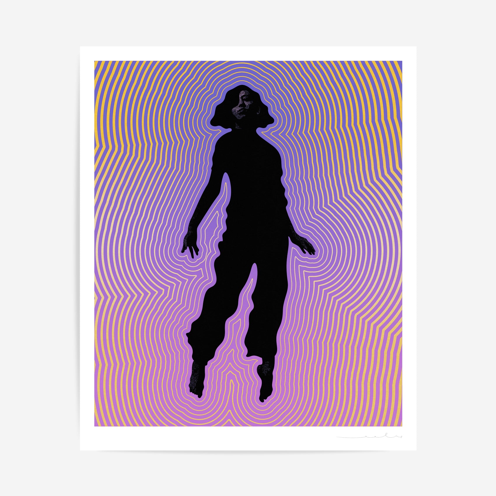 Limited edition print by UK artist Eelus titled 'Ascension', depicting a floating monochrome woman surrounded by colourful vibrational energy.