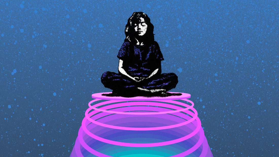 Child meditating on vibrant geometric spiral by UK artist Eelus