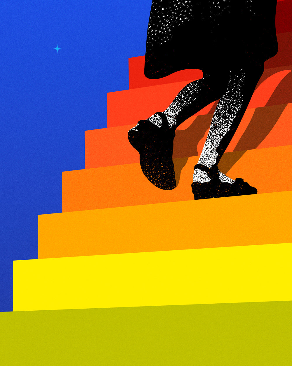 Close-up view of vibrant limited edition print by artist Eelus depicting a young girl climbing spectrum coloured steps that rise into the sky.