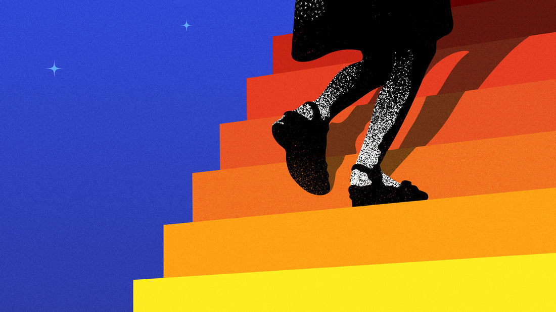 Close-up view of vibrant limited edition print by artist Eelus depicting a young girl climbing spectrum coloured steps that rise into the sky.