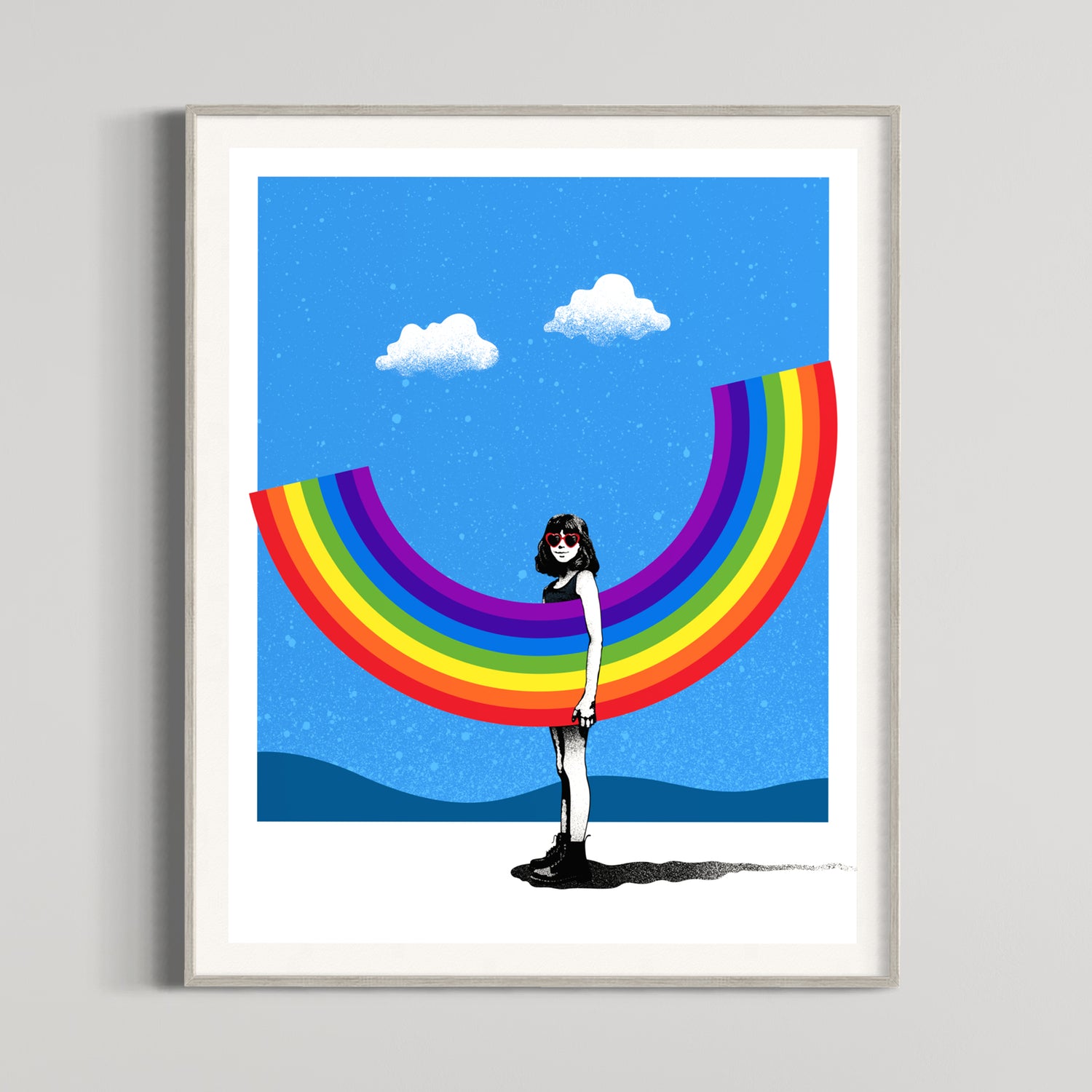 'Yours If You Want It' limited edition print by Eelus depicting a young girl with a rainbow under her arm in front of a sky blue backdrop