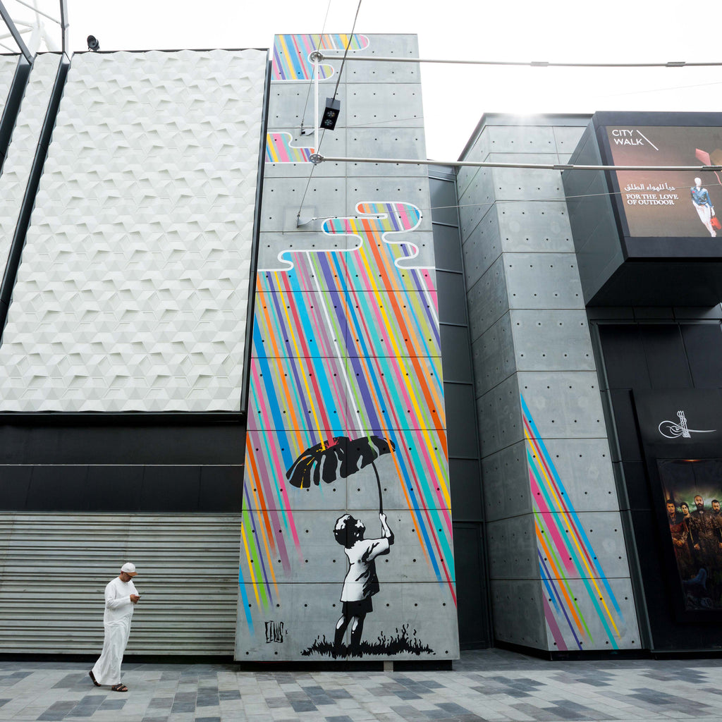 'Not Everything Is So Black & White' mural in City Walk area of Dubai by UK artist and muralist Lee Eelus for the 'Dubai Walls' street art project