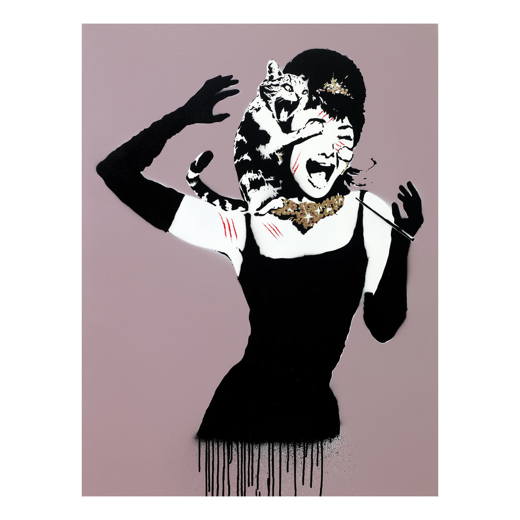 'Tiffany for Breakfast' - Stencil style contemporary urban art painting by Lee Eelus depicts the UK artist's twisted interpretation of the classic 'Breakfast At Tiffany's' movie poster.